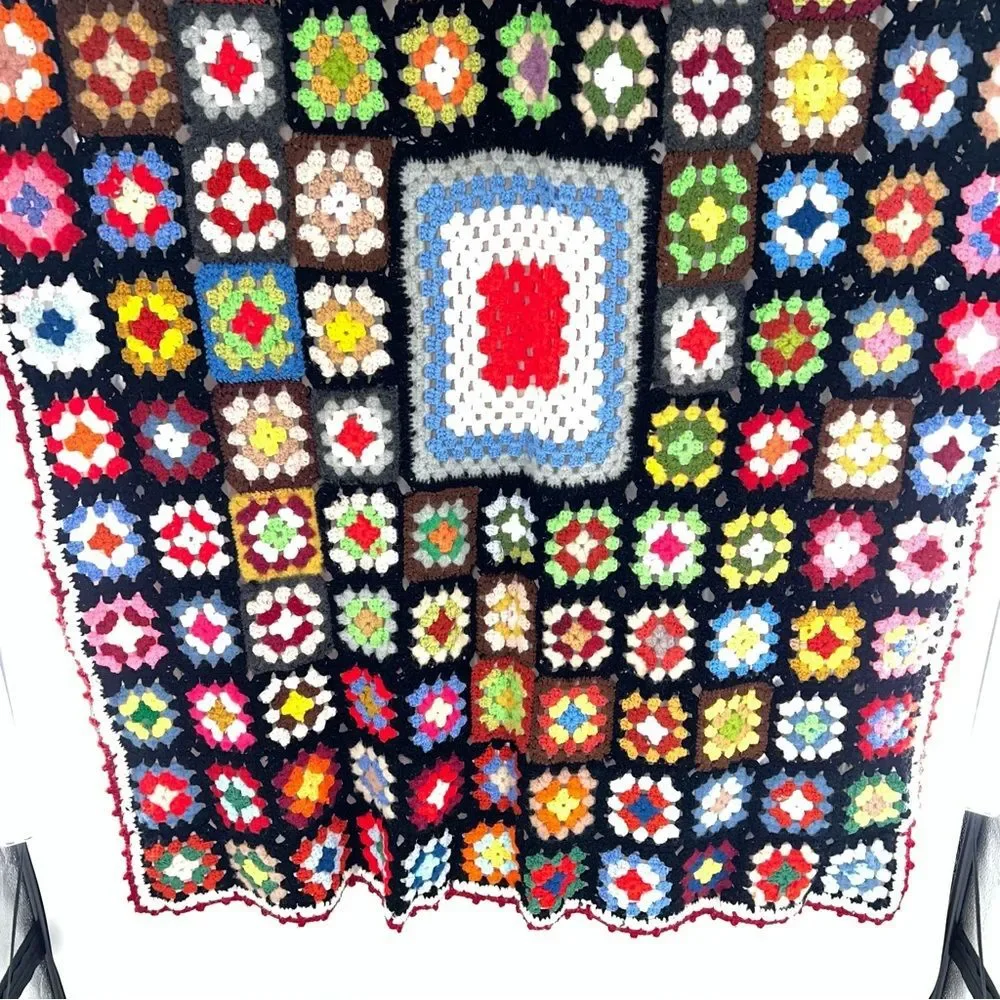 Vintage Afgani Crochet Grandma Square Blanket Throw Quilt Multicolor Handmade